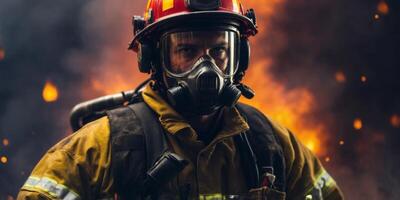 Firefighter in Protective Gear Tackling a Major Blaze Emergency Response and Bravery in Action. photo