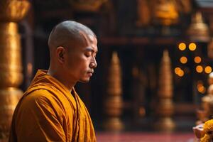 Praying Buddhist monk in robe in front of golden Buddha statue in temple. photo