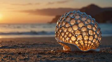Futuristic Shell Structure on Serene Beach at Sunrise with Clear Sky and Rolling Waves. photo