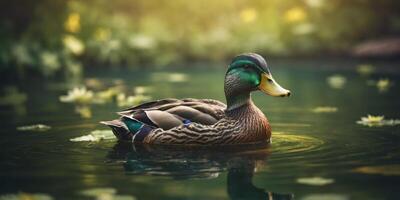 Mallard duck swimming in a pond in the springtime. photo