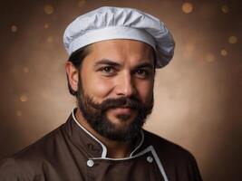 Happy chef with beard and mustache on brown background with copy space. photo