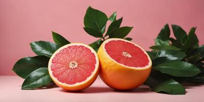 Grapefruit and tropical leaves on a pink background. photo