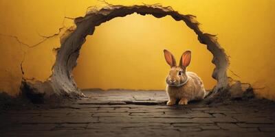 cute rabbit coming through crack hole in solid yellow background with copy space. photo