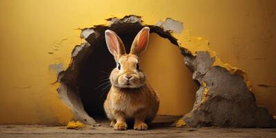 cute rabbit coming through crack hole in solid yellow background with copy space. photo