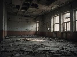 Decay and desolation in an abandoned building interior. photo