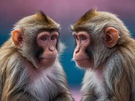Two monkeys seated side by side on a pink-blue background face mirrors. photo