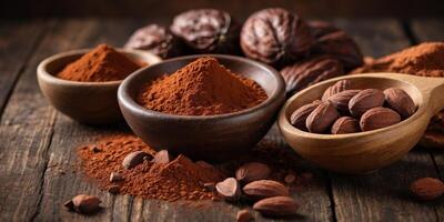 Various forms of cocoa products on a rustic background. photo