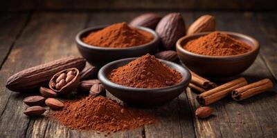Various forms of cocoa products on a rustic background. photo