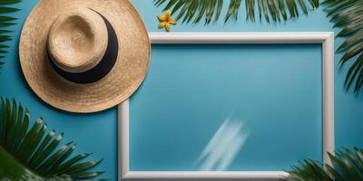 Summer flat lay with empty white picture frame surrounded by tropical palm leaves and straw hat on blue background. photo