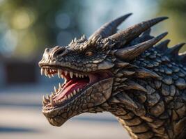 A drawing of a dragon's head with sharp teeth and a wide grin. photo