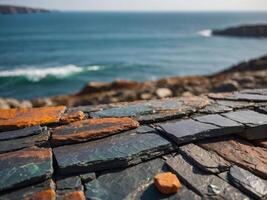 Colorful abstraction of slate and quartzite on a coastal cliff. photo