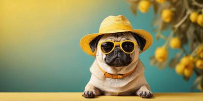 Cute pug dog with sunglasses and summer straw hat on yellow background with copy space. photo