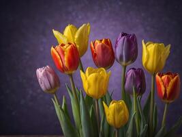 A bright array of multicolored tulips and daffodils on a purple background symbolizing the joy of spring. photo