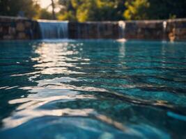 A pool featuring a central waterfall and an adjacent waterfall within it. photo