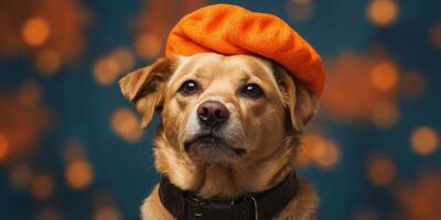 Dog with beret hat in front of orange studio background. photo