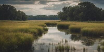 Serene river winding through a grassy marsh under cloudy skies. photo