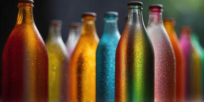 Close-up of colorful glass soda bottles with condensation. photo