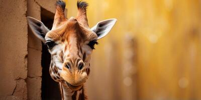 cute giraffe coming through crack hole in solid yellow background with copy space. photo