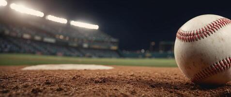 Close-up of a baseball resting on the pitcher's mound with the stadium in the background. photo