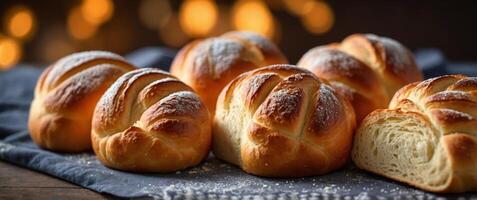 A stack of fluffy challah bread slices ready to be served. photo
