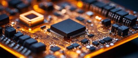 Close-up of a circuit board with a processor chip and glowing lights. photo