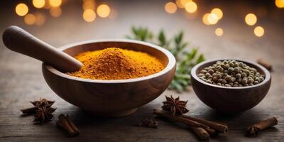 Rustic wooden mortar and pestle with spices. photo