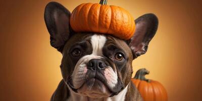 French bull dog with a Pumpkin on his head for Halloween on orange solid color background. photo
