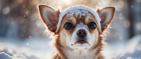 Chihuahua puppy with snow covered face on blurred winter background. photo