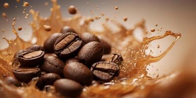 Coffee beans and splashes of coffee in motion. photo