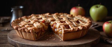 A rustic apple pie with a lattice crust on a wooden table. photo