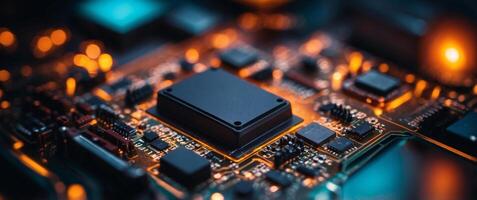 Close-up of a circuit board with a processor chip and glowing lights. photo