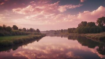 Serene landscape with pink clouds and reflective waterway. photo