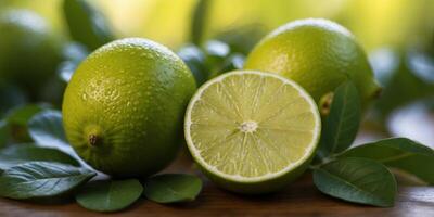 Lime on a green background Juicy summer yellow sour fruit. photo