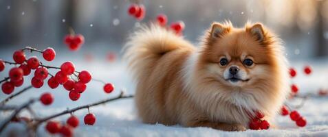 Pomeranian in a winter snow garden with red berries in the foreground. photo