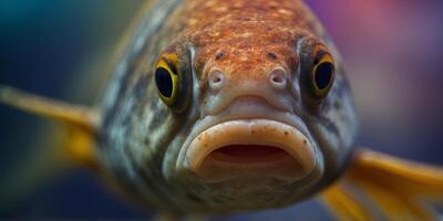 A tight shot of a fish's face with a blurred foreground and background. photo