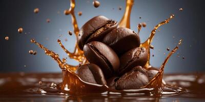 Close-up of coffee beans splashing into melted chocolate. photo