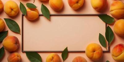 frame made of delicious apricots with leaves on orange background with copy space in the middle. photo