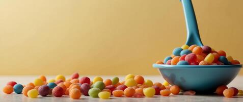 Minimal food concept with dustpan and colorful candies on yellow background. photo