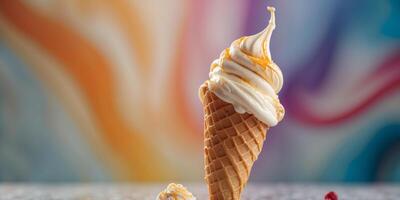 Vanilla Ice Cream Cone on Swirled Background. photo