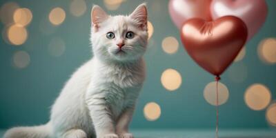 A White Kitten with a Heart Balloon on a Mint Background. photo
