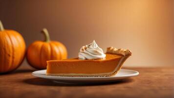 Top vie of single slice of pumpkin pie on orange background with copy space. photo