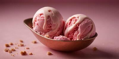 A spoon holds a generous scoop of pink ice cream on a matching pink surface. photo