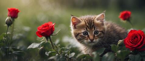 a small kitten playing in the grass with a red rose. photo