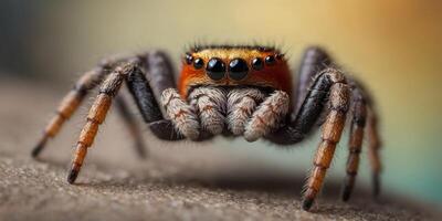 Close-up view of a colorful jumping spider on soft background. photo