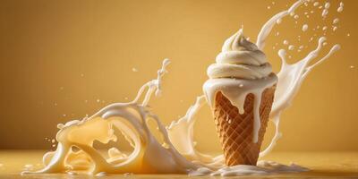 Vanilla ice cream cone splashing in milk on a yellow background. photo