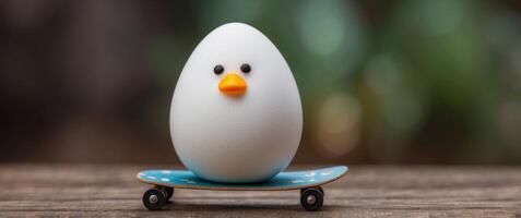 Funny Easter concept with white egg with mace and broken egg with skateboard. photo