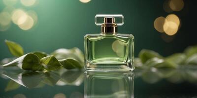 Glass Perfume Bottle on a Green Background. photo