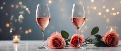 Glass with rose sparkling wine on the white table with. photo