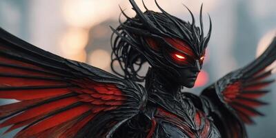 Close-up view of two intricate wing designs with black and red colors. photo