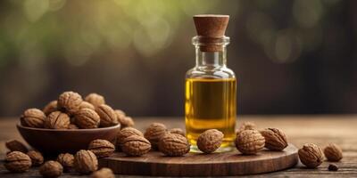 Walnut oil bottle with nuts upon rustic table. photo